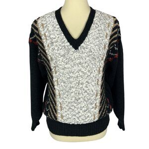 Vintage 80s Carducci Womens Wool Blend Sweater Black Gold Silver Metallic Medium